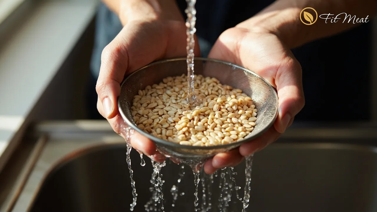 شستشوی کینوا در الک زیر آب سرد، نشانه‌ای از آماده‌سازی صحیح قبل از پخت.