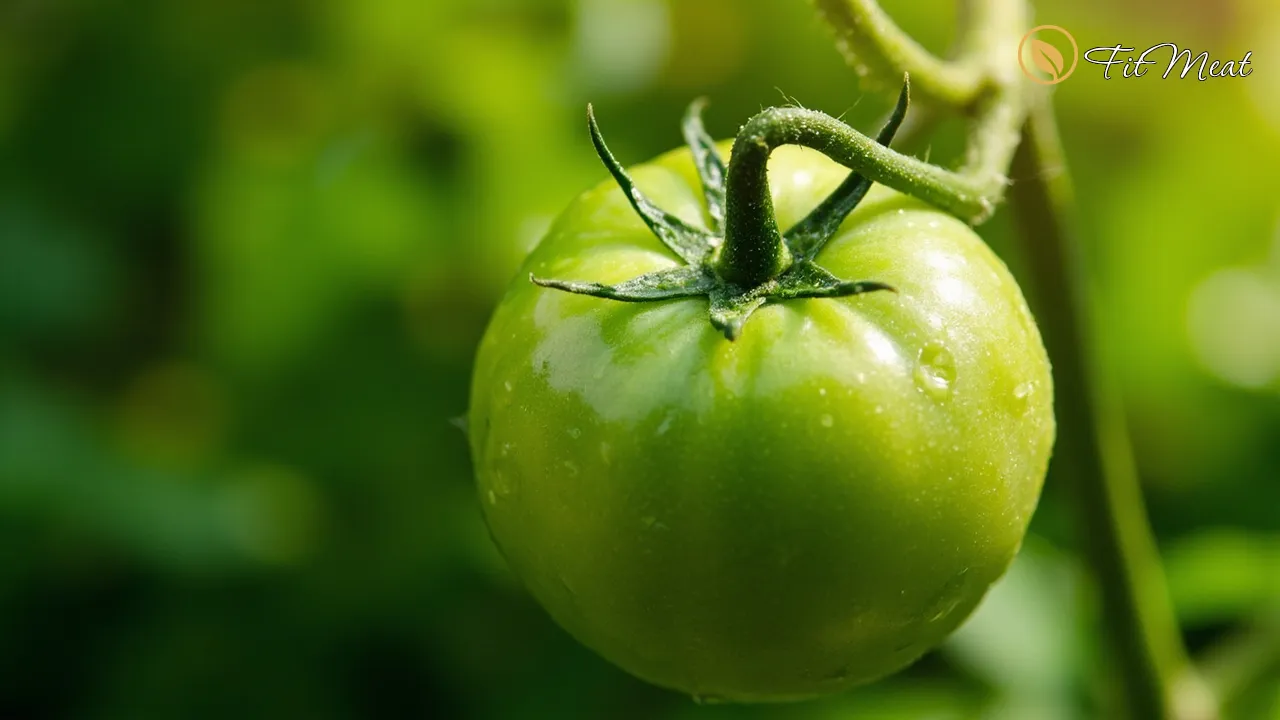 گوجه سبز تازه و آبدار با قطرات شبنم