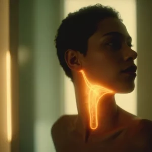 فردی که گردن خود را در آینه بررسی می‌کند، نمادی از جستجوی علائم تیروئید