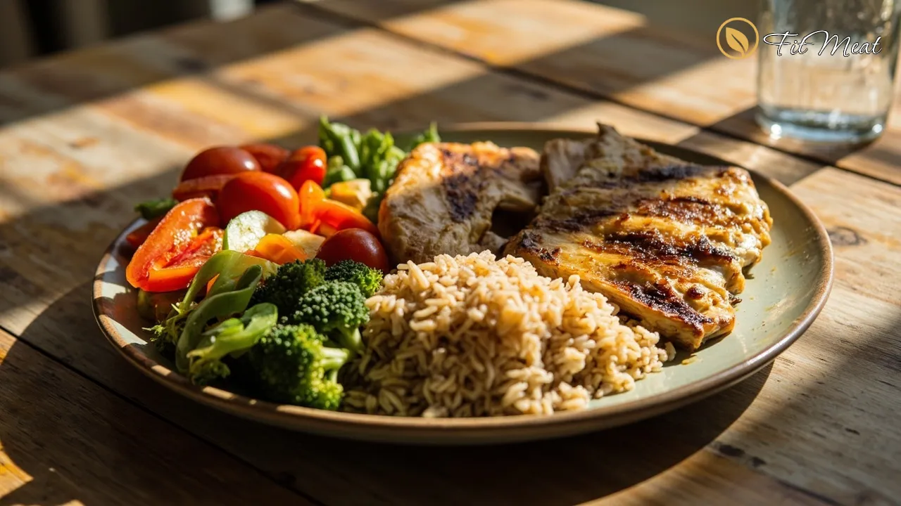 بشقاب غذای متعادل و سالم با پروتئین، غلات و سبزیجات