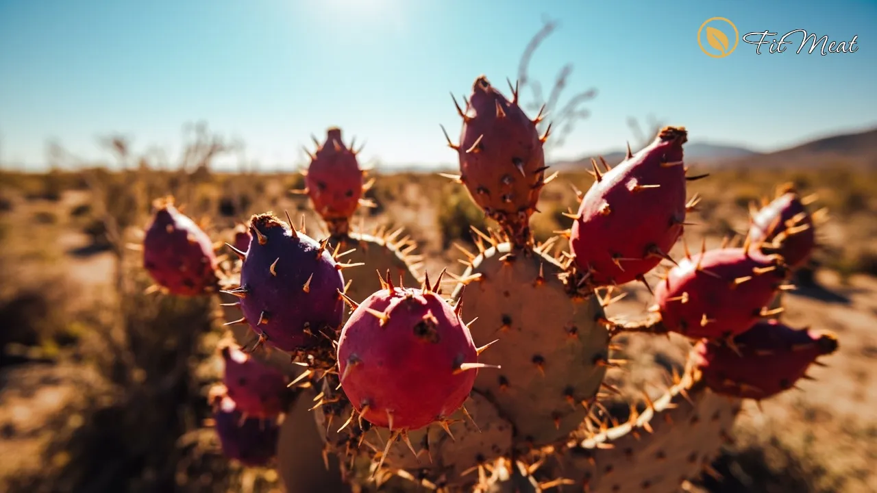 بوتههای کاکتوس گلابی خاردار با میوههای رسیده در طبیعت