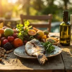 میز غذا با میوه، سبزیجات، ماهی و روغن زیتون؛ نمونه‌ای از غذاهای رژیمی و سالم