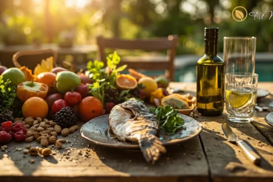 میز غذا با میوه، سبزیجات، ماهی و روغن زیتون؛ نمونه‌ای از غذاهای رژیمی و سالم