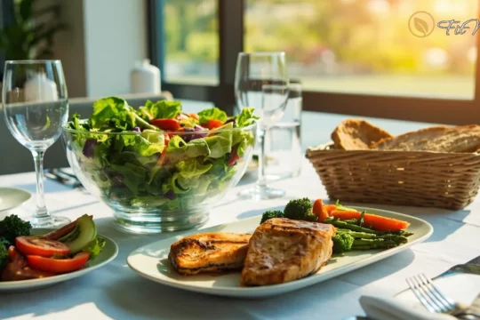 سفره شام با غذاهای سالم و متنوع شامل سالاد، ماهی گریل شده و نان سبوس‌دار