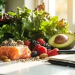 مواد غذایی سالم و ضد التهاب مناسب برای رژیم غذایی بیماری ام اس شامل سبزیجات، میوه و ماهی