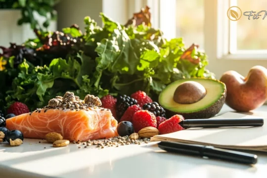 مواد غذایی سالم و ضد التهاب مناسب برای رژیم غذایی بیماری ام اس شامل سبزیجات، میوه و ماهی