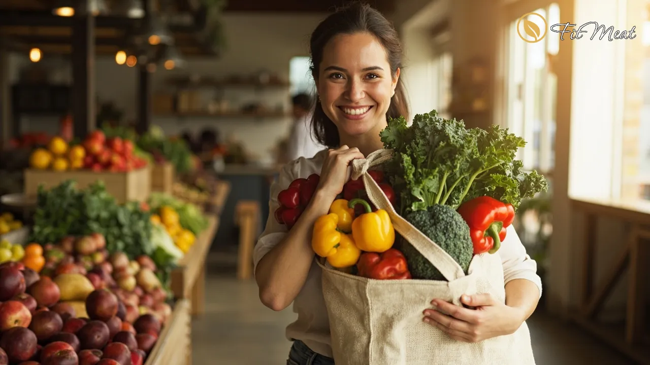 فردی با کیسه خرید پر از میوه‌ها و سبزیجات تازه