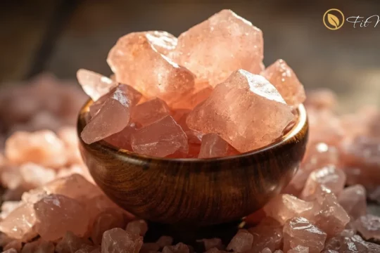 کریستال و پودر نمک صورتی هیمالیا در کاسه چوبی