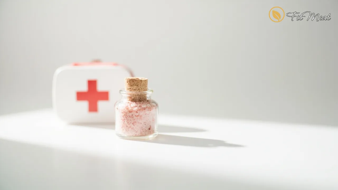 نمک صورتی در کنار جعبه کمکهای اولیه به عنوان نمادی از احتیاط در مصرف