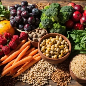 مواد غذایی غنی از فیبر شامل میوه‌ها، سبزیجات، غلات کامل و حبوبات