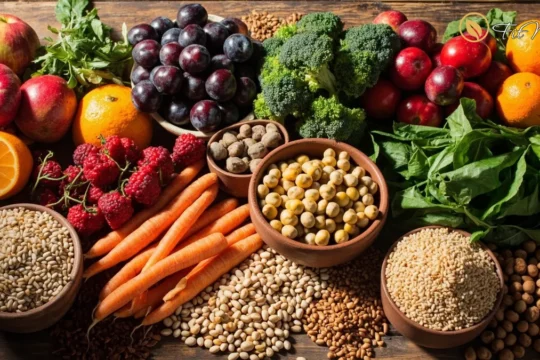 مواد غذایی غنی از فیبر شامل میوه‌ها، سبزیجات، غلات کامل و حبوبات
