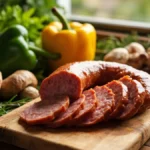 کالباس خانگی تازه و سالم با برش‌های منظم و مواد اولیه طبیعی