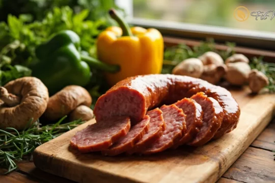 کالباس خانگی تازه و سالم با برش‌های منظم و مواد اولیه طبیعی