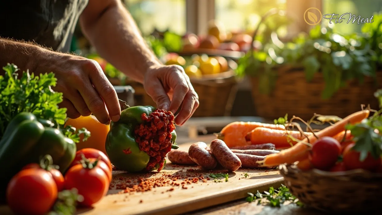 آماده‌سازی مواد اولیه کالباس خانگی، دست‌هایی که مواد تازه را انتخاب می‌کنند.